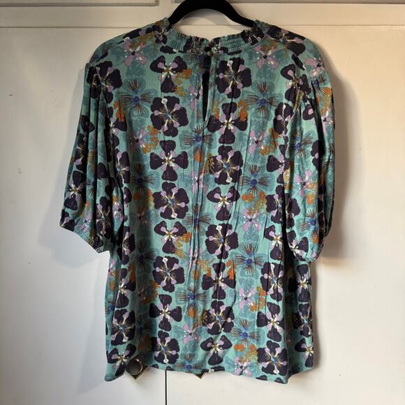 Knox Rose Floral Top Green Mock Neck Smocked Back Button Short Sleeve Sz XL - Picture 6 of 6